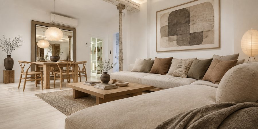 After: Restyle this room in a Japandi style: low oak furniture, linen textiles, muted earth tones, a paper floor lamp. Keep the room's architecture, windows, camera angle and lighting.