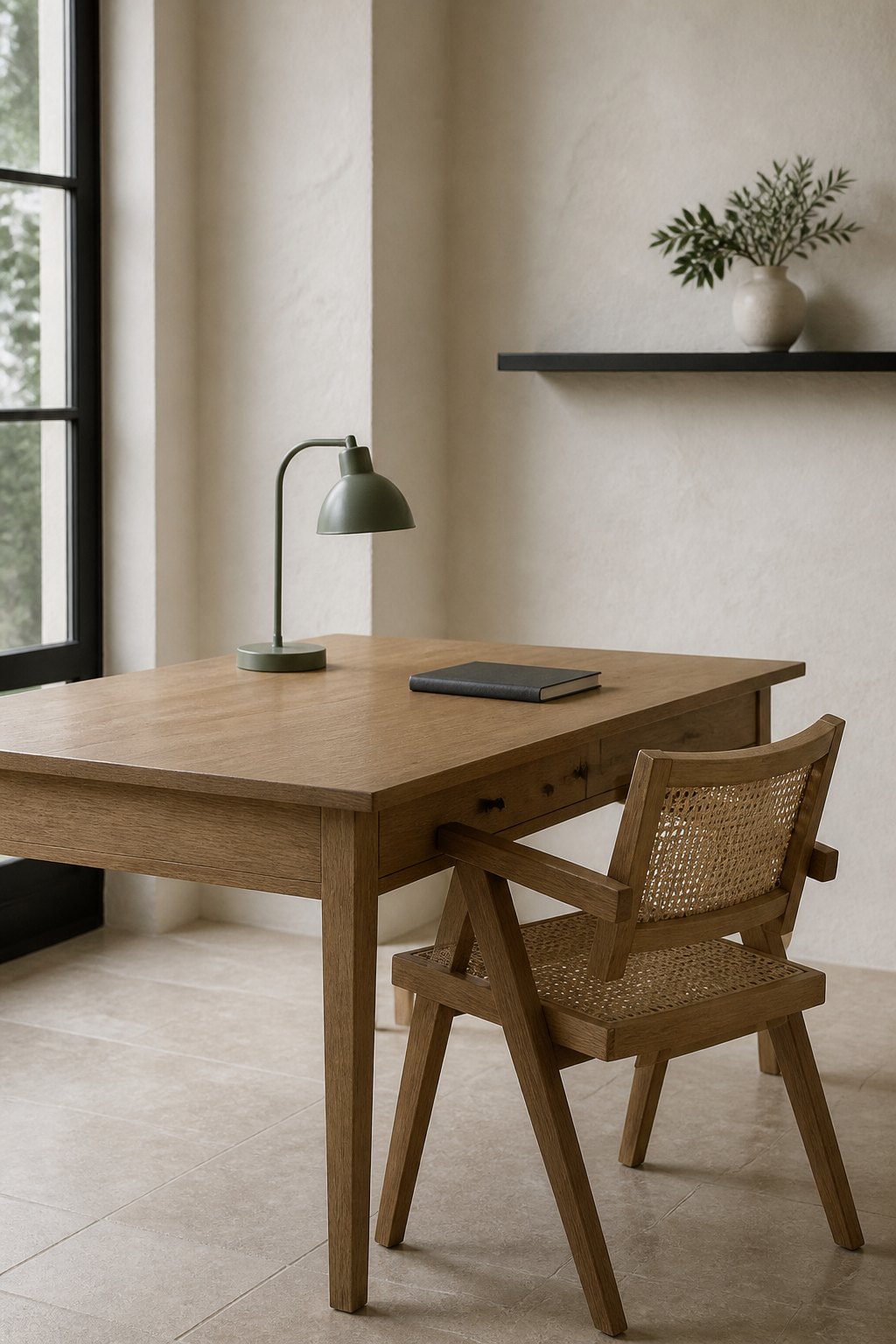 A cane-back chair is the cheapest way to make a desk look considered